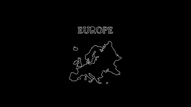 white linear Europe silhouette. the picture appears and disappears on a black background.