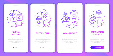 Fototapeta premium Skin types care purple gradient onboarding mobile app screen. Beauty walkthrough 4 steps graphic instructions pages with linear concepts. UI, UX, GUI template. Myriad Pro-Bold, Regular fonts used