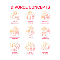Divorce red gradient concept icons set. Reasons of couple breakup. Partners separation idea thin line color illustrations. Isolated outline drawings. Roboto-Medium, Myriad Pro-Bold fonts used
