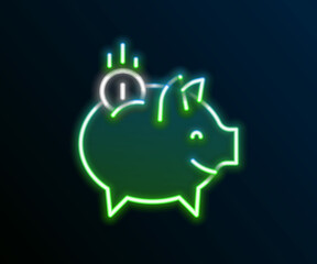 Glowing neon line Piggy bank with coin icon isolated on black background. Icon saving or accumulation of money, investment. Colorful outline concept. Vector