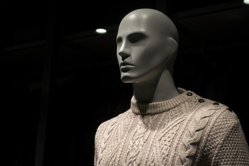 Closeup of beige pullover on mannequin in a fashion store showroom
