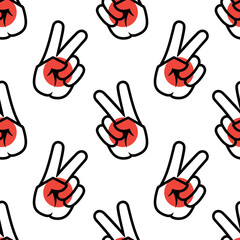Fototapeta premium Japan a flag in the form of a peace sign. Seamless background. A patriotic sign. Gesture V is a sign of victory. Icon for apps, websites, T-shirts, souvenirs, etc., isolated on a white background