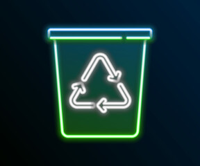 Glowing neon line Recycle bin with recycle symbol icon isolated on black background. Trash can icon. Garbage bin sign. Recycle basket sign. Colorful outline concept. Vector