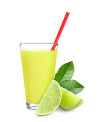 Glass of lime juice, fresh fruit and green leaves on white background