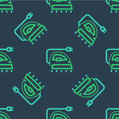 Line Electric iron icon isolated seamless pattern on blue background. Steam iron. Vector