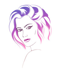 Half-turn portrait of a beautiful young girl with short hair. Fne colorful gradient toned line vector drawing isolated on white background.