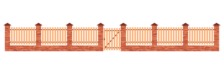 Brick-wooden fence. brick-wooden gate. Barrier for garden, farm and house. Fence with door for enclosure and protection. Wood or stone wall for boundary of yard. Vertical partition. Vector