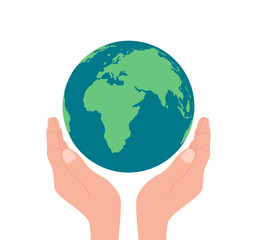 Save the earth concept. Happy Earth day. Hands holding planet. Eco care for world, globe. Protect of environment. vector