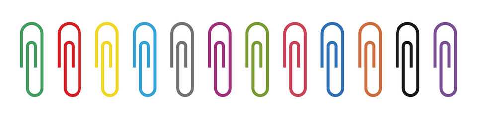 Clip paper. Flat paperclip for memo and office. Metal staple for attach of paper. Supplies for school. Color stationery isolated on white background. Set of holder or clamp. Vector