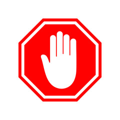 Obraz premium Stop hand sign. Icon of ban, forbidden and censorship. Symbol of denied. Red warning sign with white hand. Danger octagon. Block of caution with palm isolated. Vector