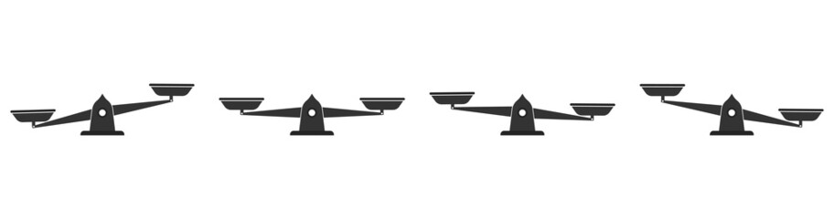 Scale and balance icons. Comparison of weight on libra of justice. Logo for justice, judge, legal. Illustration of acquit, lawsuit, attorney and sentence. Vector