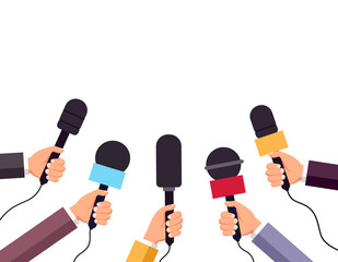 Hands holding microphones. News, interview, television broadcast, reporter conept. Banner of paparazzi, journalism, press conference. vector