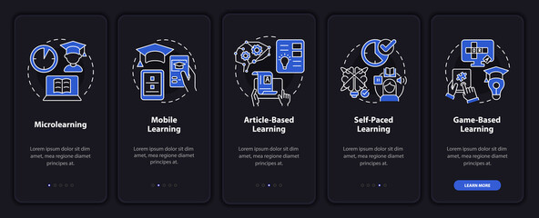 Elearning methods night mode onboarding mobile app screen. Walkthrough 5 steps graphic instructions pages with linear concepts. UI, UX, GUI template. Myriad Pro-Bold, Regular fonts used