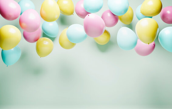 Fototapeta Colorful helium balloons on retro pastel background. Birthday celebration and baby shower decor. Minimal creative idea for party event decor.