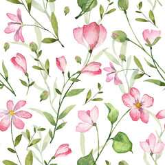 Square seamless pattern with soft watercolor flowers and green leaves. Hand painted wallpapers. Botanical illustration