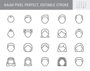 People avatar line icons. Vector illustration include icon - woman, baby, young person, grandfather, teenager, boy, toddler, adult outline pictogram for faces. 64x64 Pixel Perfect, Editable Stroke