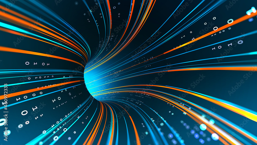 Poster Protected data. Vortex data flow technology. Cyberpunk funnel 3D illustration. Information flow in abstract cyberspace. Big data and cybersecurity