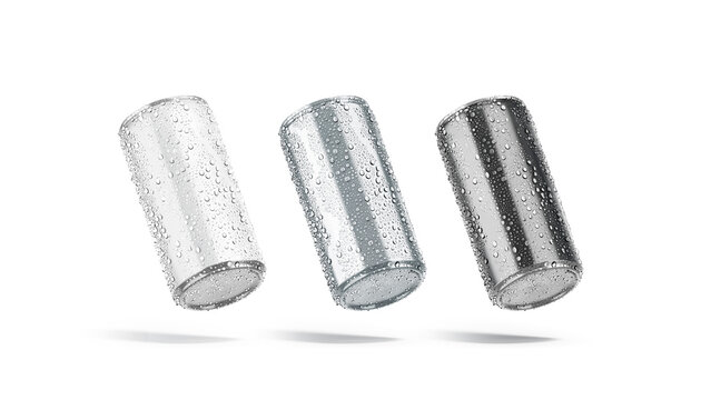 Blank white, silver, black 280 ml soda can with drops mockup