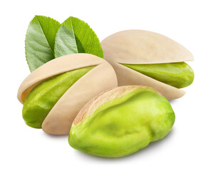 Delicious pistachios with leaves, isolated on white background