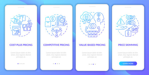 Pricing methods blue gradient onboarding mobile app screen. Cost plus walkthrough 4 steps graphic instructions pages with linear concepts. UI, UX, GUI template. Myriad Pro-Bold, Regular fonts used