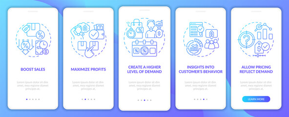 Naklejka premium Dynamic pricing pros blue gradient onboarding mobile app screen. Walkthrough 5 steps graphic instructions pages with linear concepts. UI, UX, GUI template. Myriad Pro-Bold, Regular fonts used