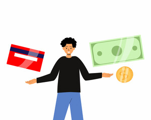 Debit, credit card or cash. The man chooses the payment method. Cash or non-cash payment method. Vector illustration