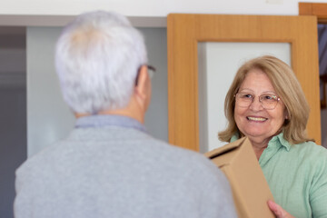 Cheerful elderly couple moving into new apartment. Retired husband and wife holding cardboard boxes, carrying things, giving to each other. Photo from back. Real estate, purchase, moving concept