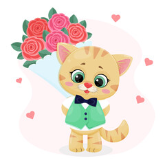 Cute kitten in green vest and bow tie butterfly with bouquet of roses