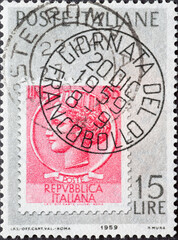 Italy - circa 1959: a postage stamp from Italy showing the First Stamp Day - 10 lire stamp Syracuse