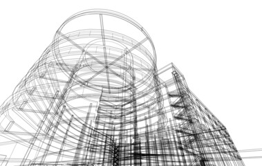 black and white architecture building vector drawing