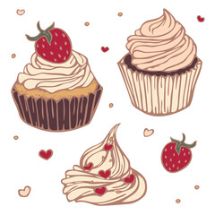 Vector illustration with collection of cupcakes colored and depicted by a line. Hand drawn isolated cupcakes.