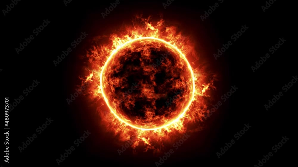 Wall mural 4k resolution, full sun surface loop view with solar flares on a black background and copy space on 