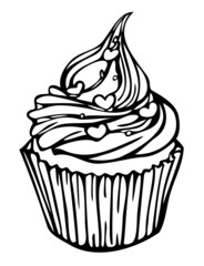 Vector illustration of black and white cupcake. Isolated hand drawn cupcake.