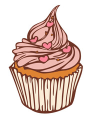 Vector illustration of cupcake. Hand drawn confection colored and depicted by a line.