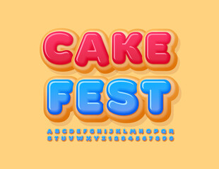 Vector creative flyer Cake Fest. Blue frosted Donut style Font. Sweet Alphabet Letters and Numbers set