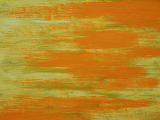  Hand drawing with acrylic orange and green paint. Abstract artistic background. Paint strokes.