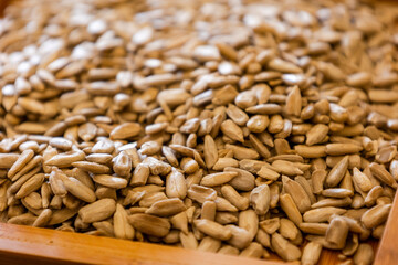 sunflower seeds pile close up on the table