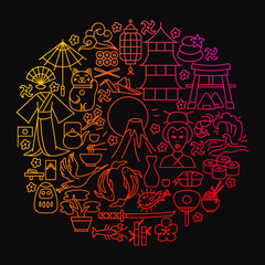 Japan Icon Circle Concept. Vector Illustration of Outline Design.