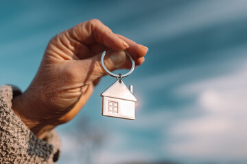 Giving house keychain, choosing best house insurance, making right decision on home investment concept