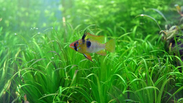 Apistogramma ramirezi fish in the planted aquarium. Blyxa japonica on the background.