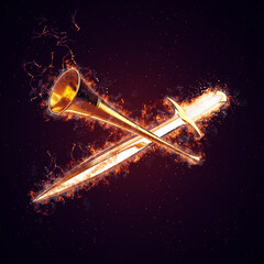 Medieval Sword and Trumpet Fire Action Background - obrazy, fototapety, plakaty