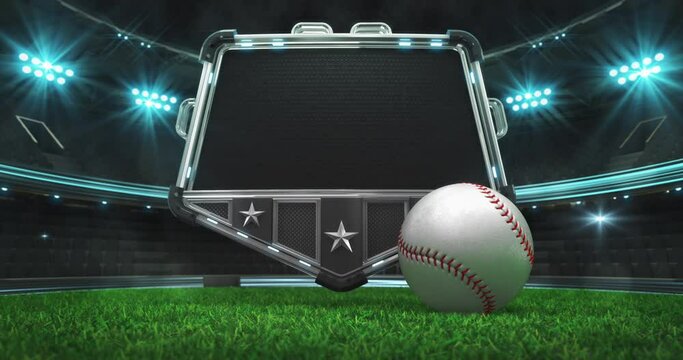 Rolling baseball ball and steel shield with empty space for advertisement text. Green grass field and illuminated sport arena with light flashes. Two 4K video parts of loopable sport intro.
