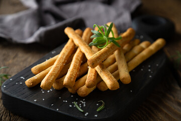 Crispy bread sticks with salt and rosemary