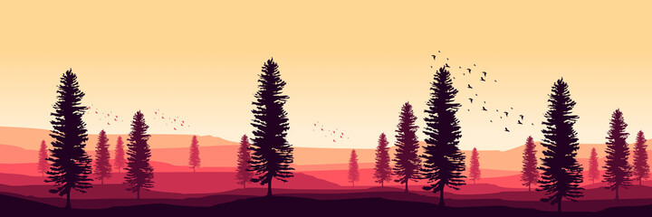sunset forest landscape vector illustration for web banner, blog banner, wallpaper, background template, adventure design, tourism poster design, backdrop design