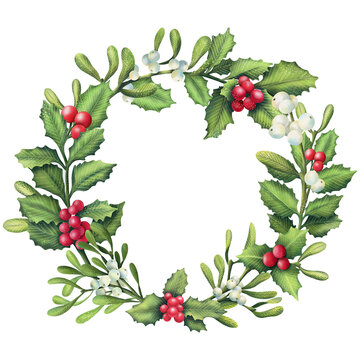  Watercolor wreath of holly and mistletoe branches. Hand painted floral circle border isolated on white background. 