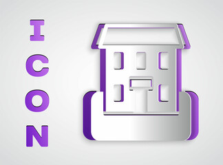 Paper cut School building icon isolated on grey background. Paper art style. Vector