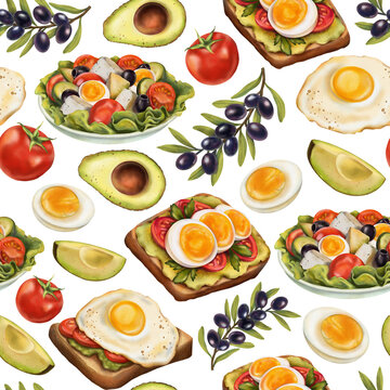 Watercolor seamless pattern of healthy  breakfast food. Hand painted illustration isolated on white background. 