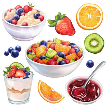 Watercolor set of healthy fruit breakfast food. Hand painted illustration isolated on white background. 