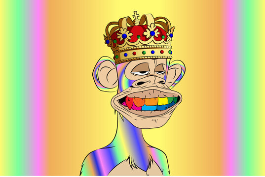 Trippy colorful bored ape yacht club king with rainbow color teeth NFT artwork. Flat hand drawn illustration for news banner and editorial use. Blockchain based art, non fungible token