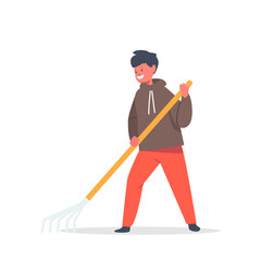 Recycling, Ecology Protection, Save Planet Concept. Kid Character Cleaning Garden with Rake Isolated on White Background